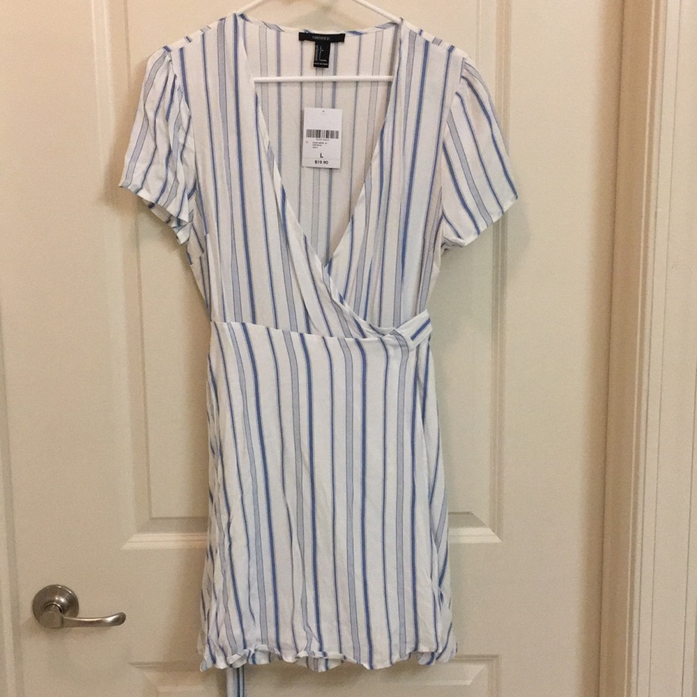 2 FOR $12 ~ White w/blue striped wrap dress